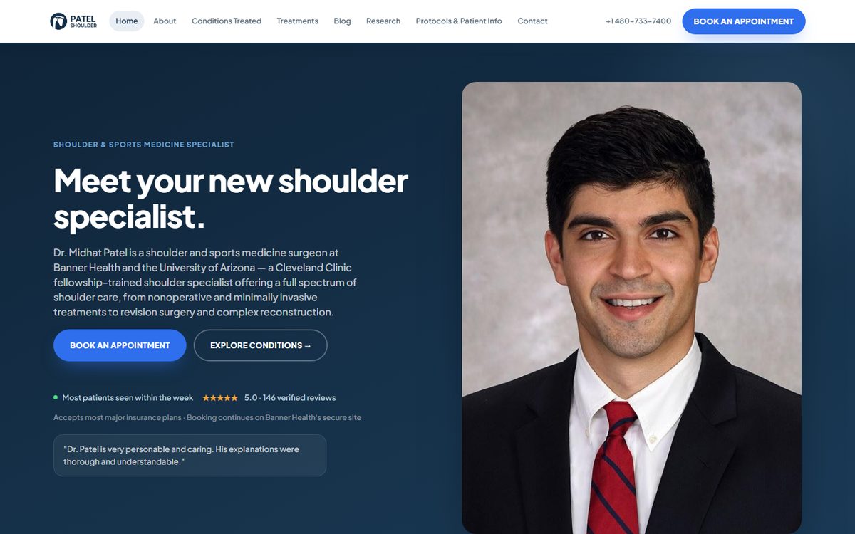 Dr. Midhat Patel homepage with the surgeon portrait and an appointment button