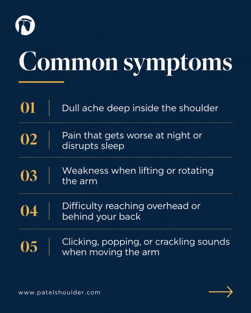 Social post for Dr. Patel listing common shoulder symptoms