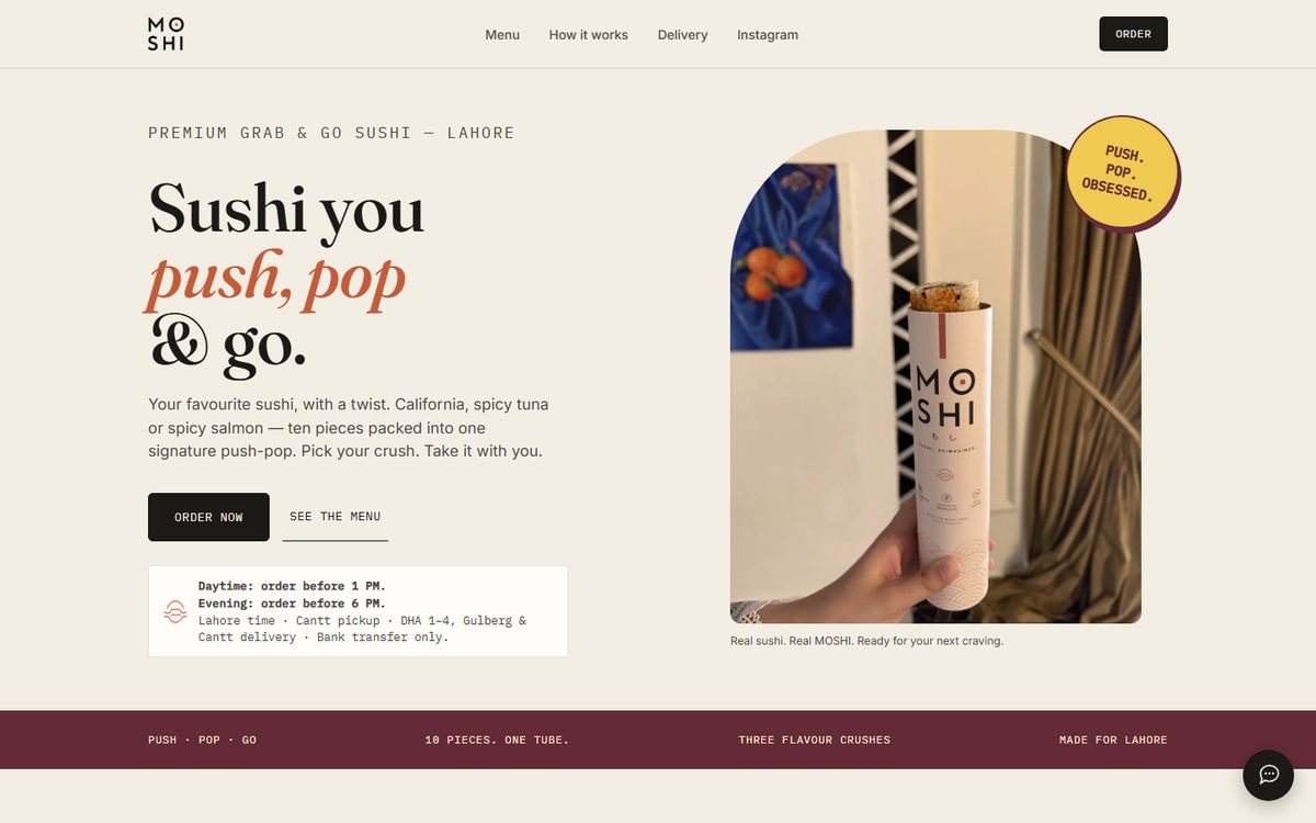MOSHI homepage with the sushi tube product and an order button