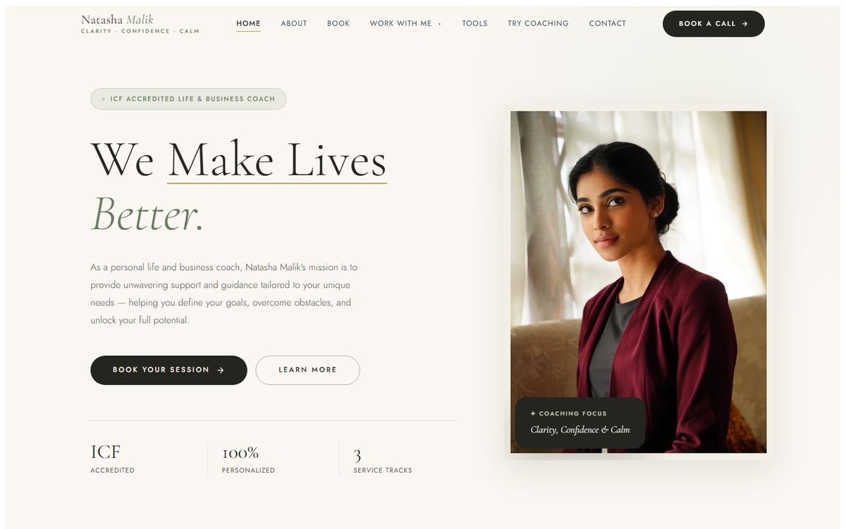 Natasha Malik Coaching homepage with an introduction and a book-a-session button