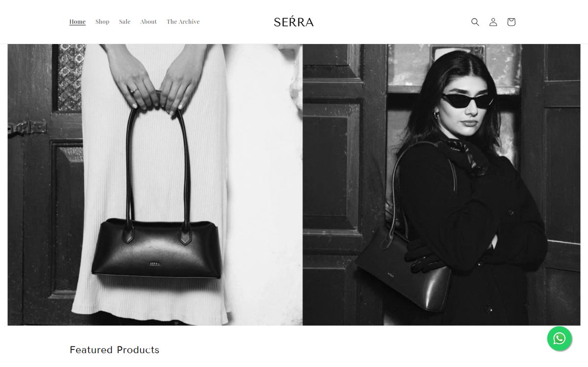 Serra homepage with a black and white campaign image of two models holding handbags