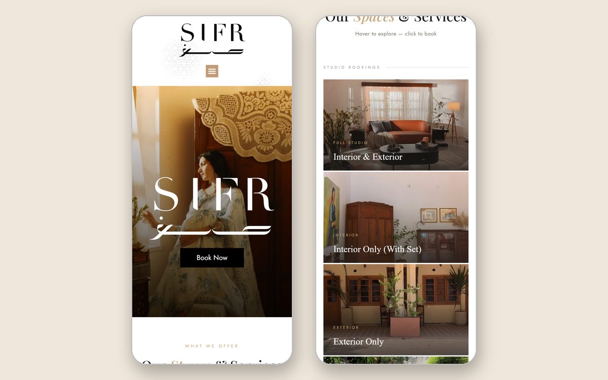 Studio Sifr booking site on a phone