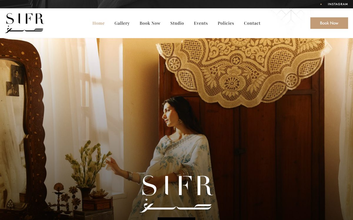 Studio Sifr homepage with the studio logo over a model in a heritage interior